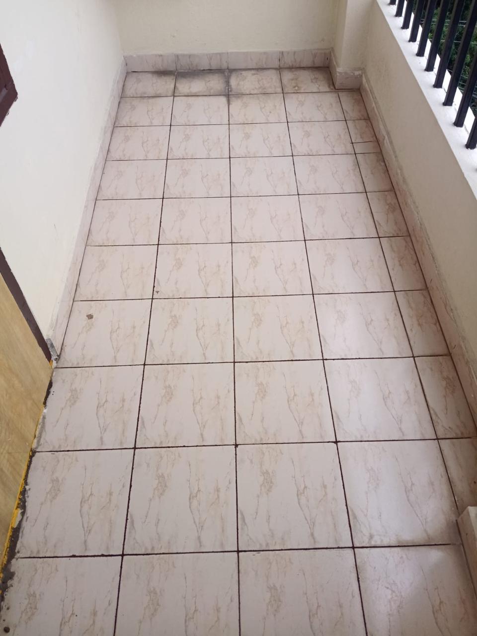 Balcony tiles with dark stained grout lines before waterproofing in Warangal